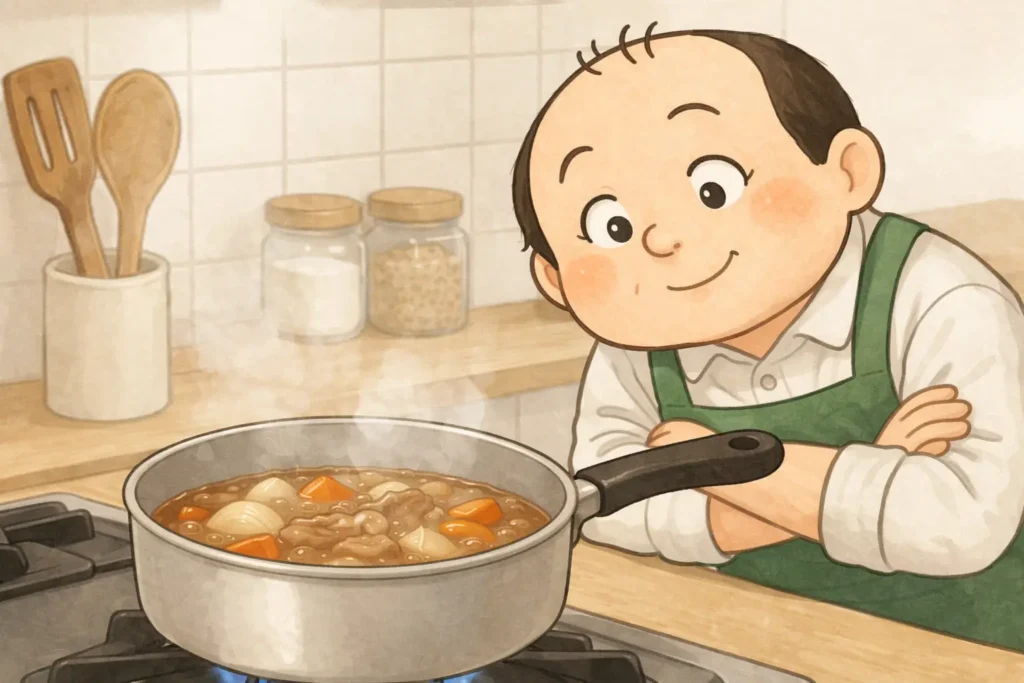 弱火で鍋をコトコト煮込み、ゆっくり加熱しているゆるおじのイラスト