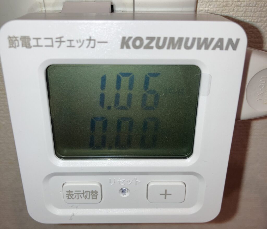 AC扇風機の強運転時の電気代をエコチェッカーで測定した表示（約1.06円/時間）