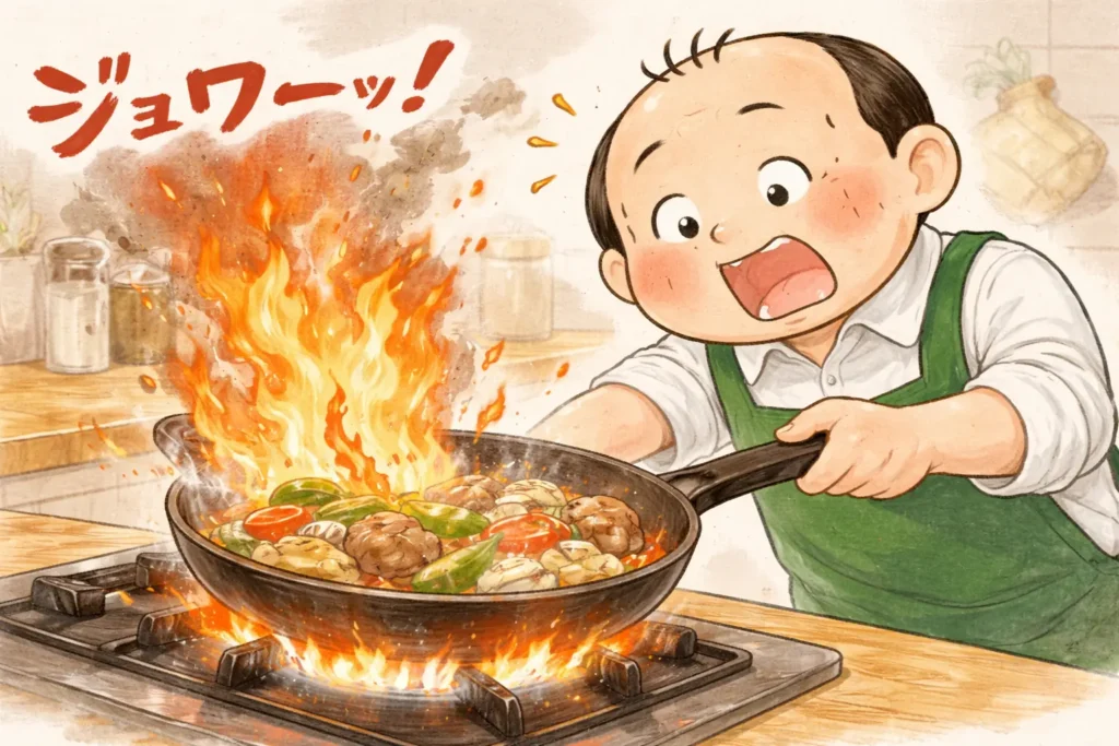 強火でフライパンから炎が上がり、食材を一気に加熱しているゆるおじのイラスト