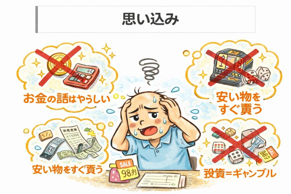 お金の話を避けたり、安い物をすぐ買ったり、投資をギャンブルだと思い込んでいる「思い込み」に悩むゆるおじのイラスト