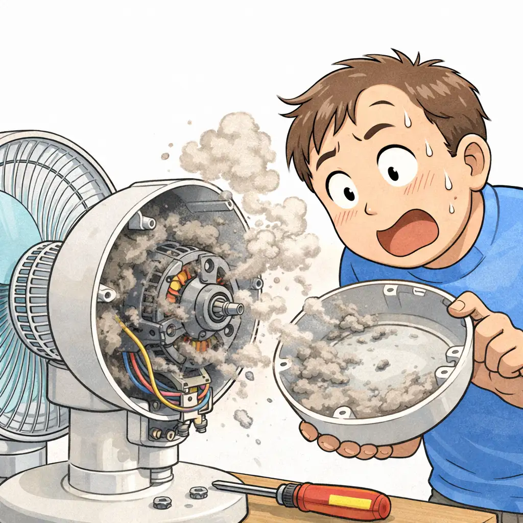 扇風機のモーターカバーを外して内部のホコリを掃除している様子