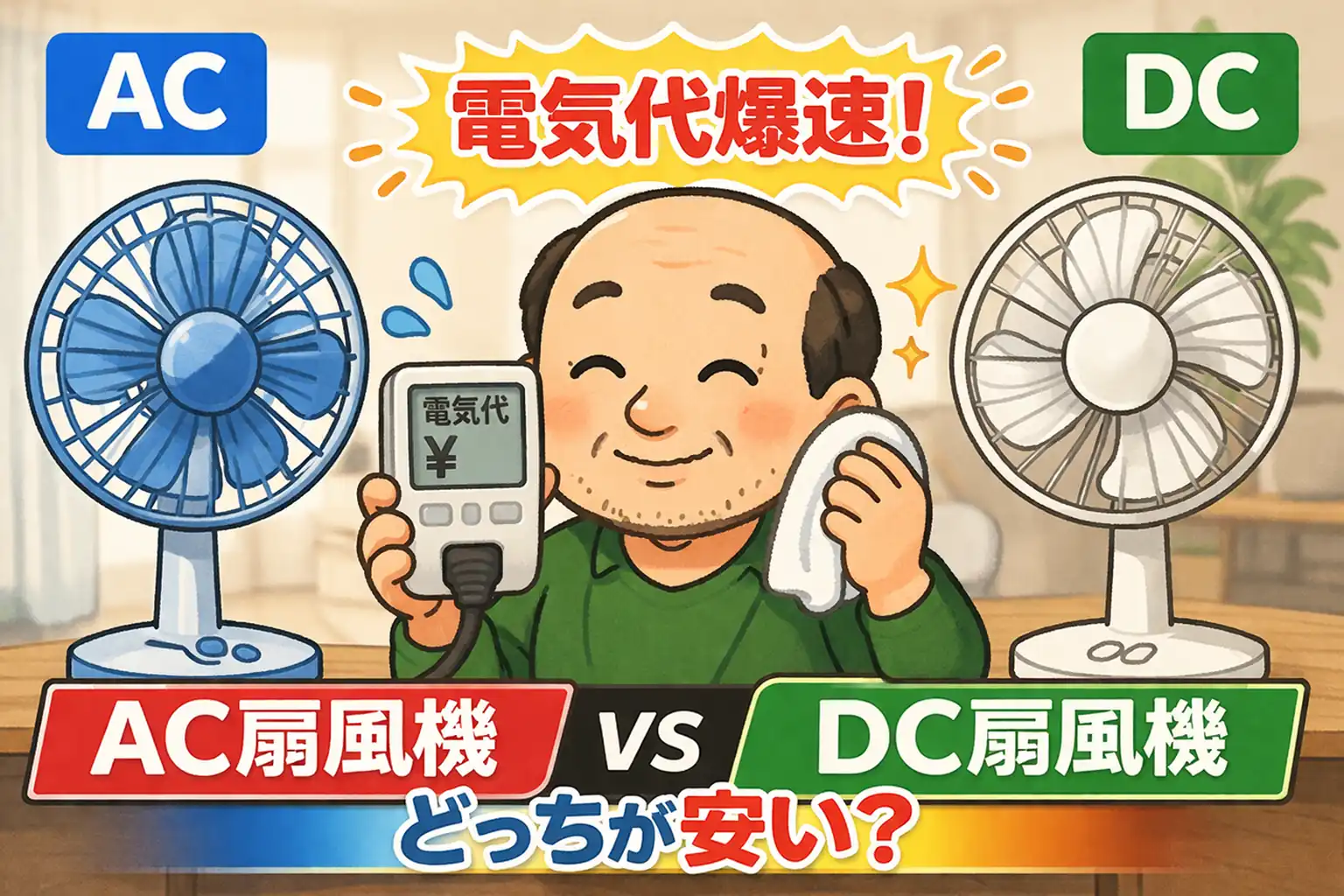 ゆるおじがエコチェッカーで扇風機の電気代を測定しているイラスト