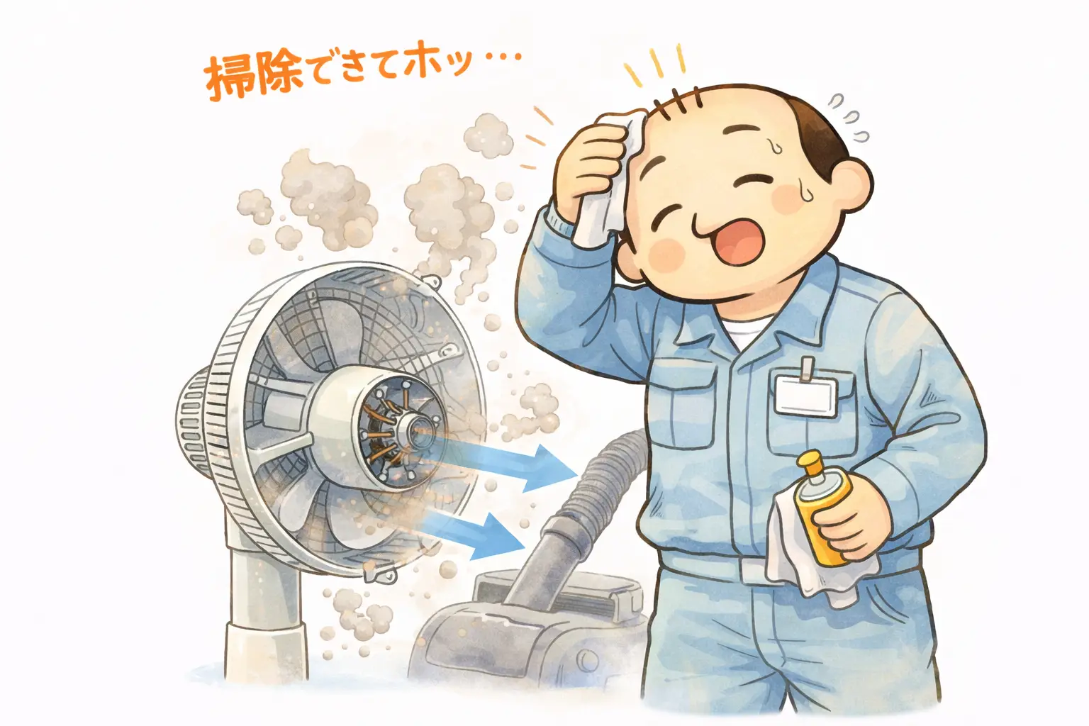 扇風機のモーターを掃除してホコリを取り除き安心している様子