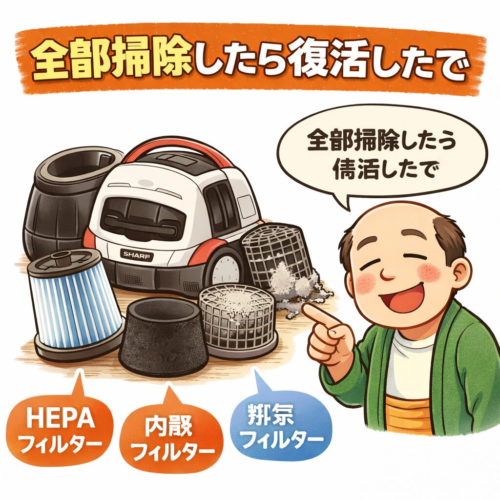 掃除機EC-TC12のフィルターを分解してHEPA・内部・排気フィルターを掃除した様子