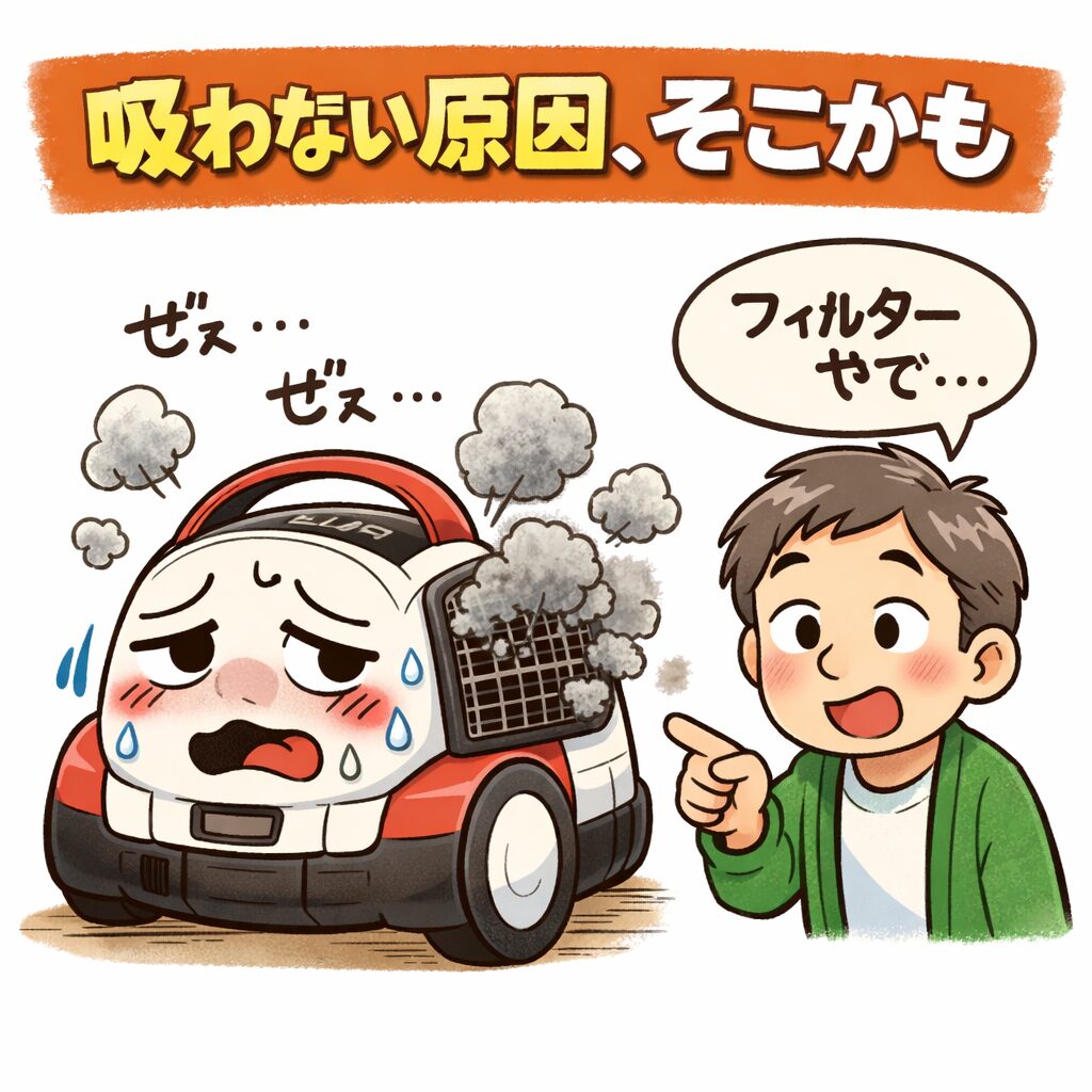 掃除機EC-TC12の吸引力低下の原因であるフィルター詰まりを解説するイラスト