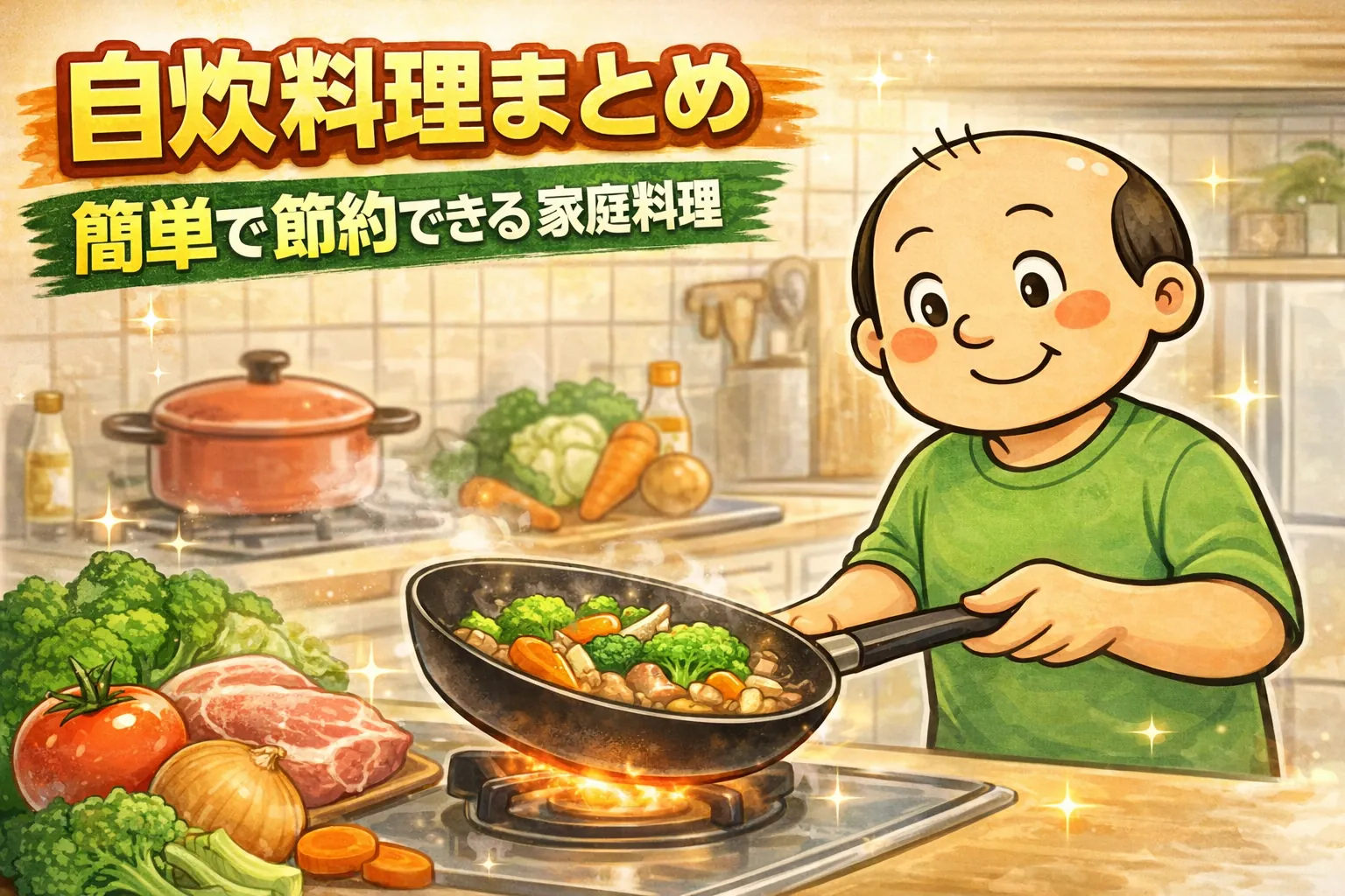 ゆるおじがフライパンで料理している様子｜自炊で節約できる家庭料理まとめ