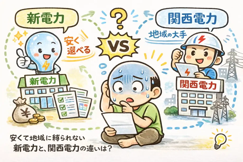 新電力と関西電力の違いを比較するイラスト|電力自由化で選べる電力会社の解説