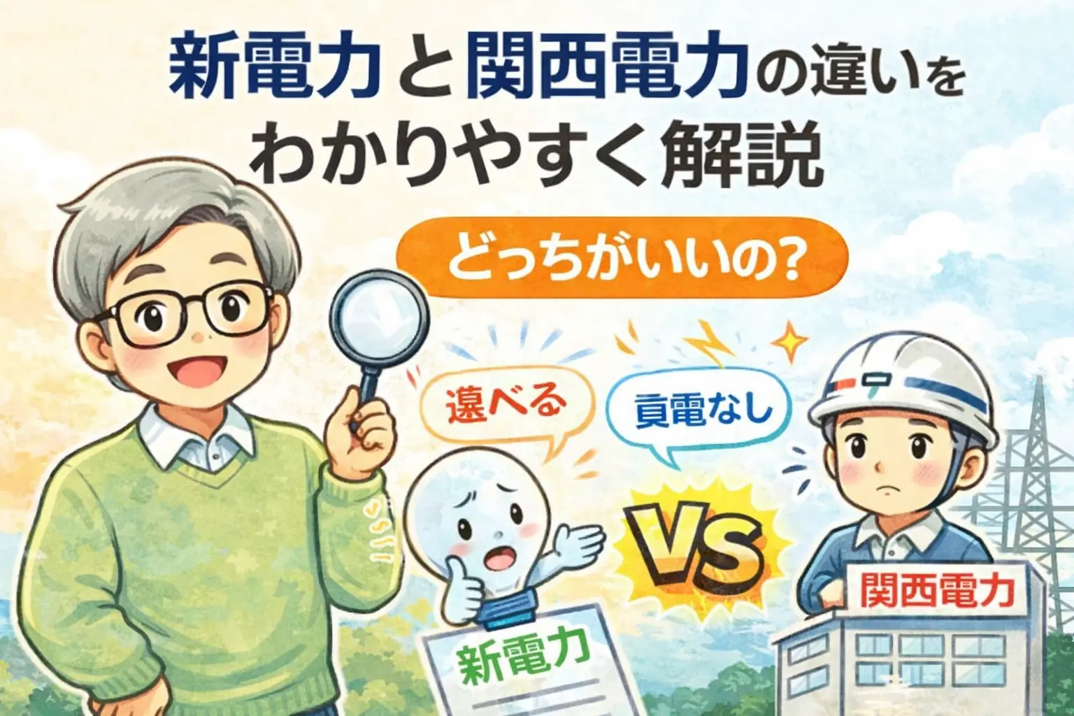 新電力と関西電力の違いを比較するゆるおじのイラスト｜電気代どっちが安いか解説