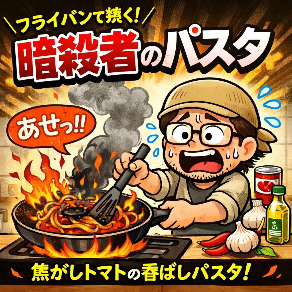 フライパンで暗殺者のパスタを焼いて焦がしてしまい焦るゆるおじ