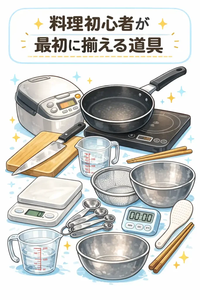 料理初心者が最初に揃えるべき最低限の道具一覧(包丁・フライパン・まな板・計量スケール・ボウル・菜箸・炊飯器・コンロなど)