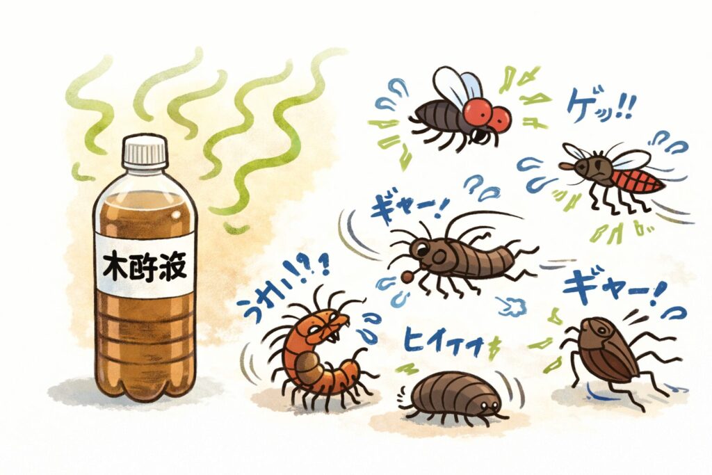 家の出入口に置いた木酢液入りペットボトルの匂いで虫(ハエ・蚊・ムカデ・ゴキブリなど)が嫌がって逃げるイラスト