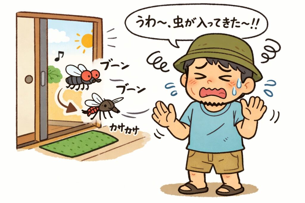ゆるおじの家に開いた玄関から虫(ハエ・蚊・ゴキブリなど)が入り込み、困った表情で手を振って嫌がるゆるおじのイラスト