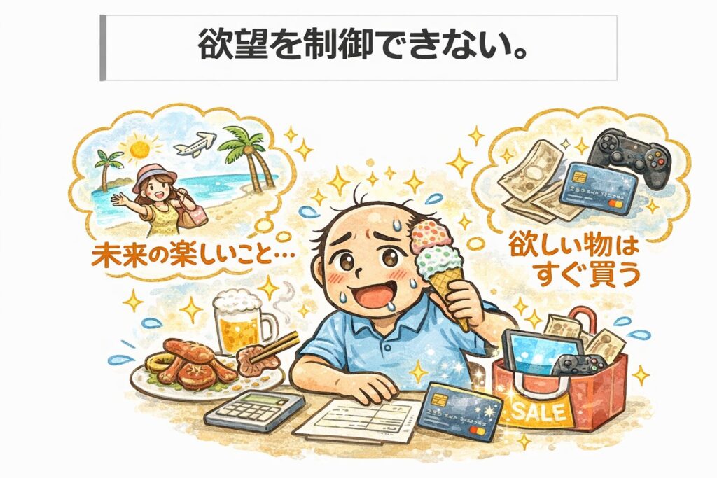欲しい物をすぐ買ったり、今の楽しみを優先して浪費してしまうゆるおじのイラスト