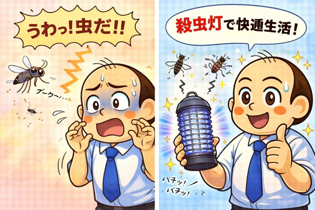 虫に驚いてビビるゆるおじと、殺虫灯でドヤ顔になるゆるおじのビフォーアフターイラスト