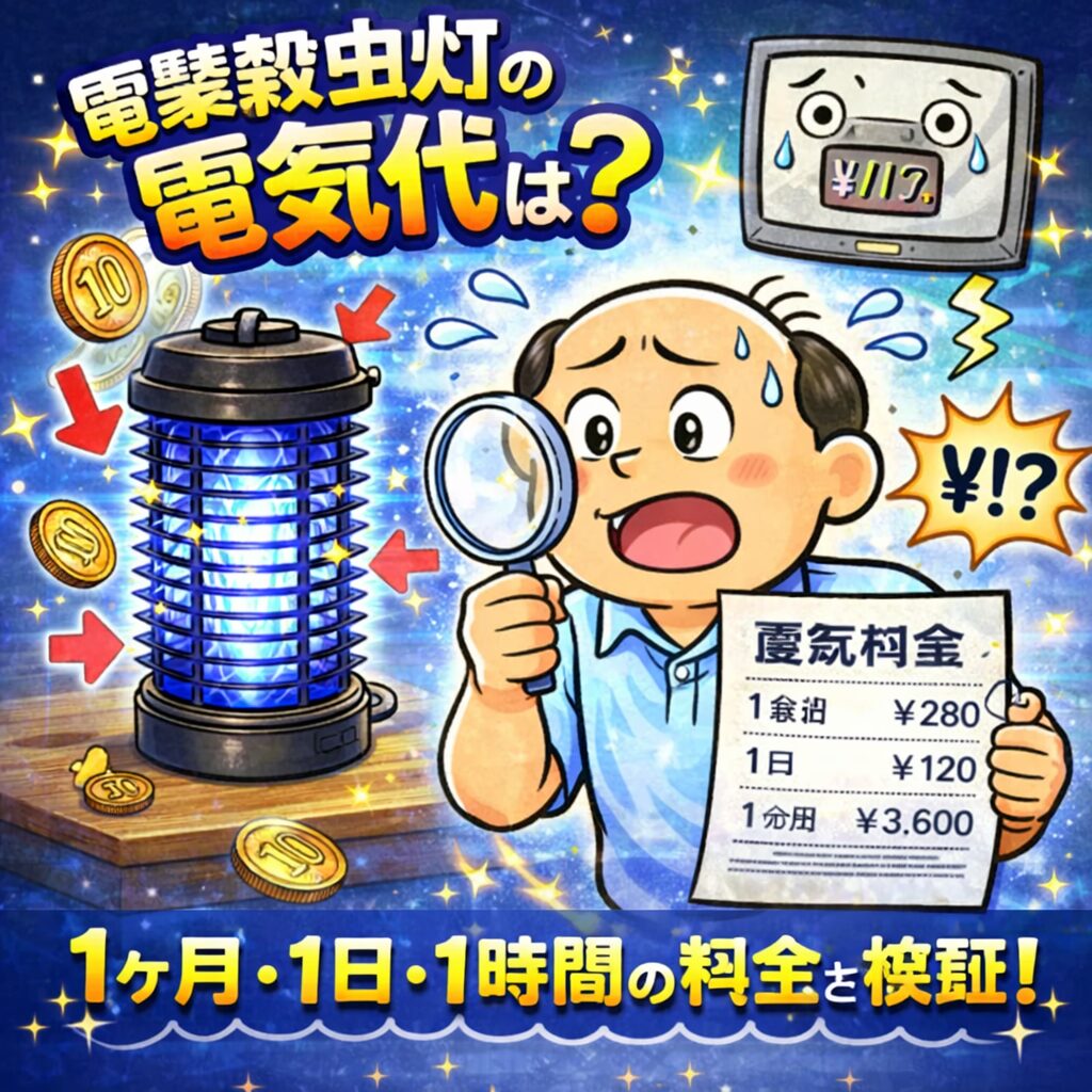 電撃殺虫灯の電気代を調べるゆるおじのイラスト｜1日・1ヶ月のコスト検証