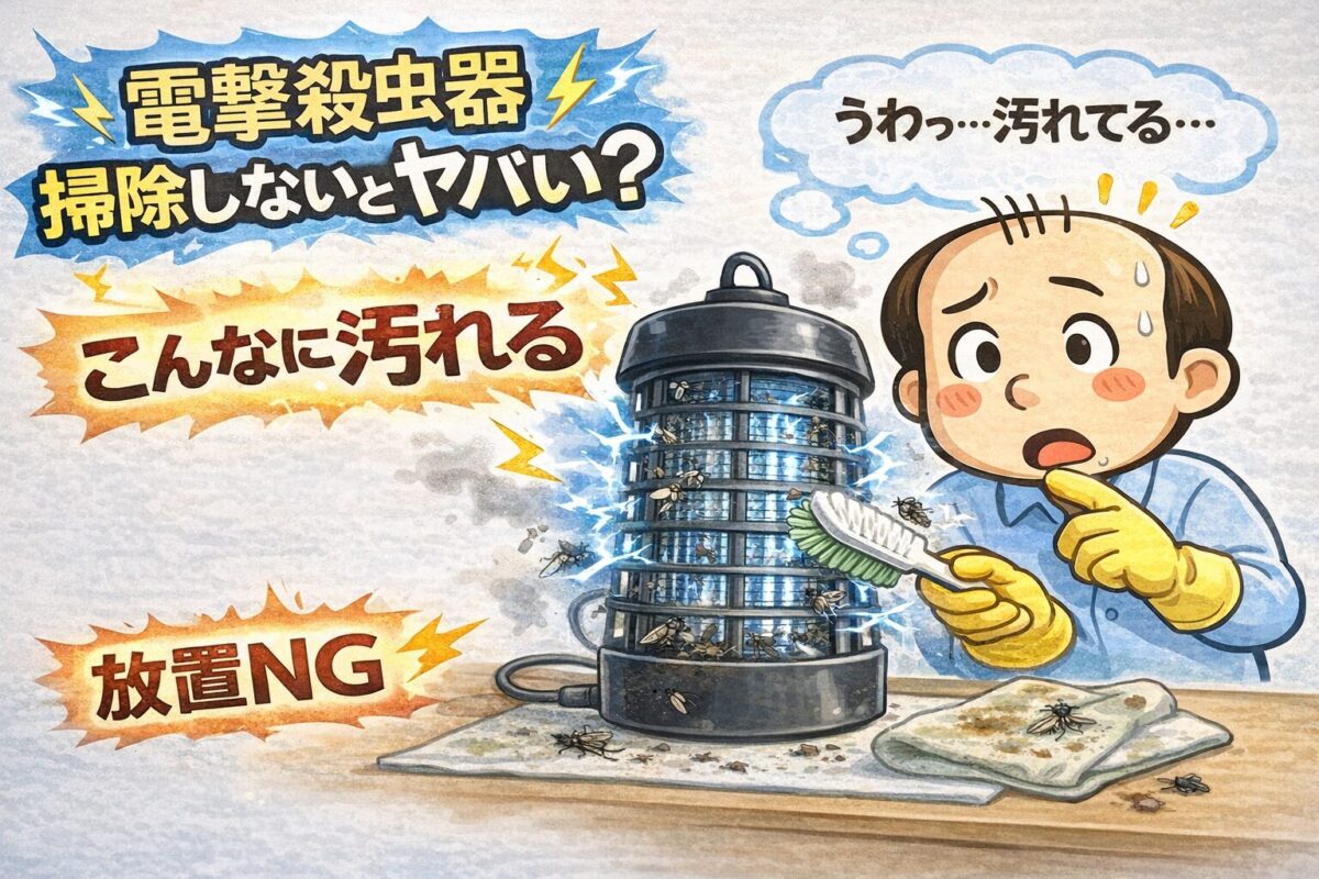 電撃殺虫器の汚れを掃除して驚くゆるおじのイラスト（虫の死骸と掃除の様子）