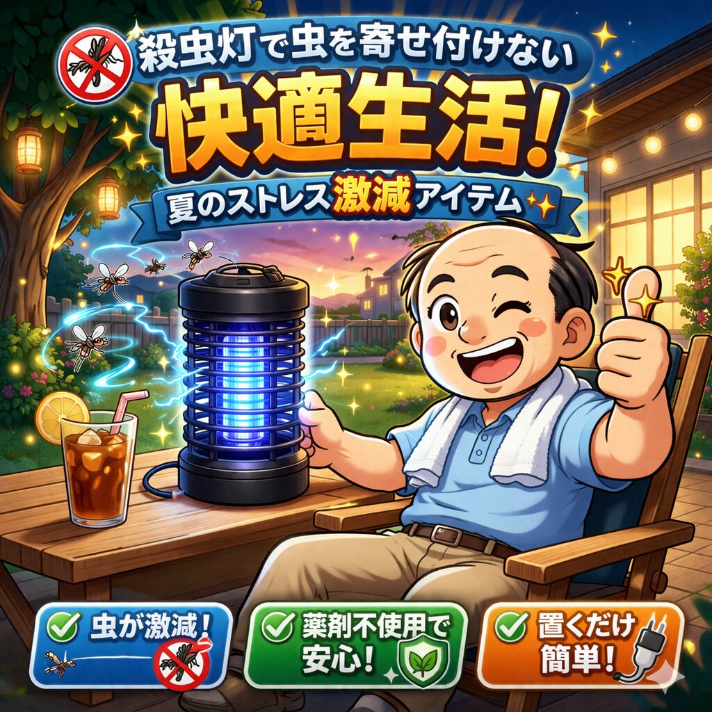 殺虫灯で虫を寄せ付けない快適生活のイラスト｜夏の虫対策とストレス軽減