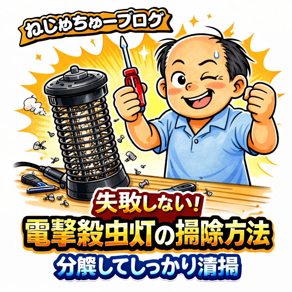 電撃殺虫灯の掃除方法を解説するゆるおじのイラスト｜分解してしっかり清掃