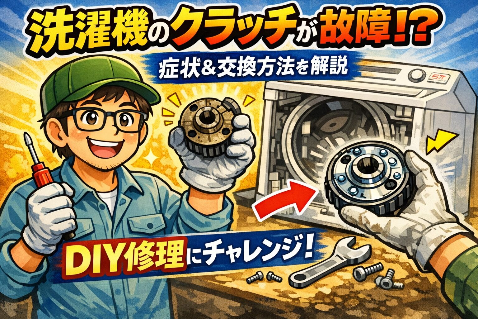 洗濯機のクラッチ故障をDIYで交換するゆるおじのイラスト