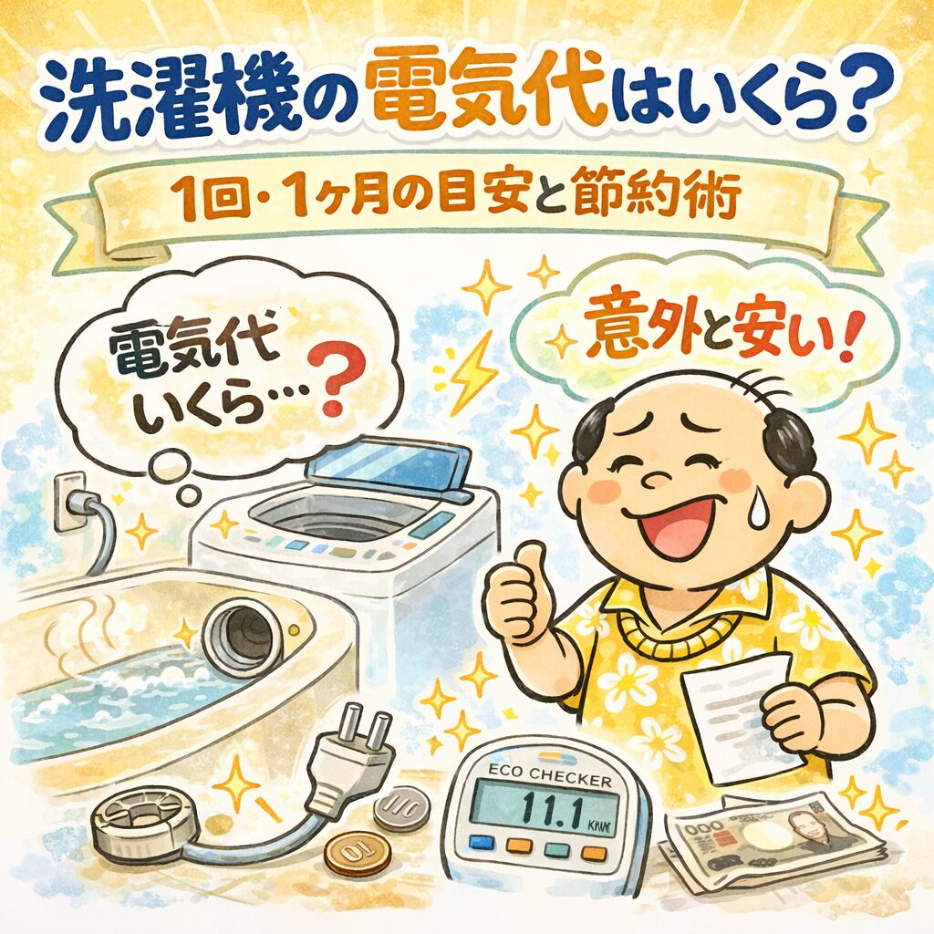 洗濯機の電気代が気になっているゆるおじと実測結果で安さに気づくイラスト