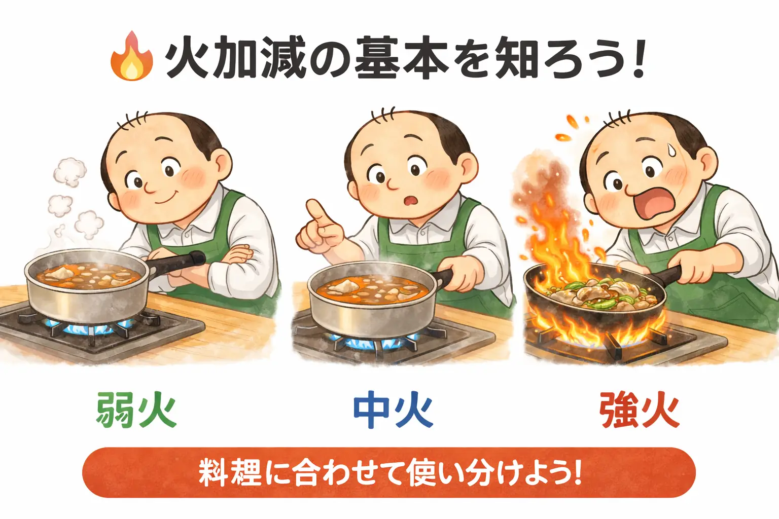 火加減の基本（弱火・中火・強火）の違いと使い分けを解説するアイキャッチ画像