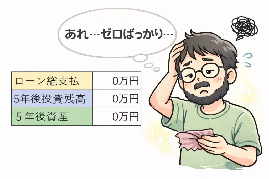 現金一括で資産が増えずゼロばかりの結果に戸惑うゆるおじのイラスト
