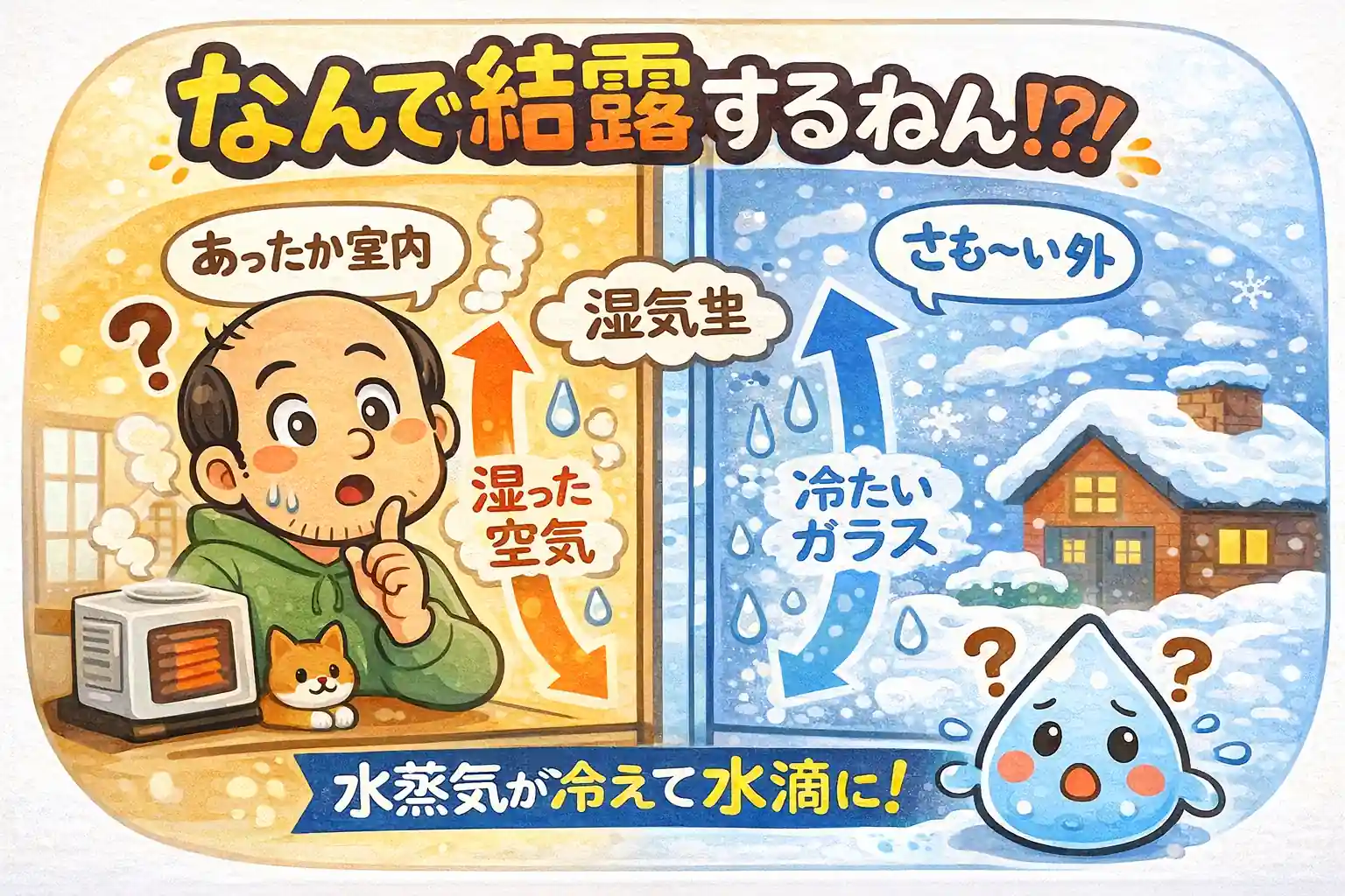 ゆるおじが結露の仕組みを解説しているイラスト｜室内と外気の温度差で水滴ができる理由