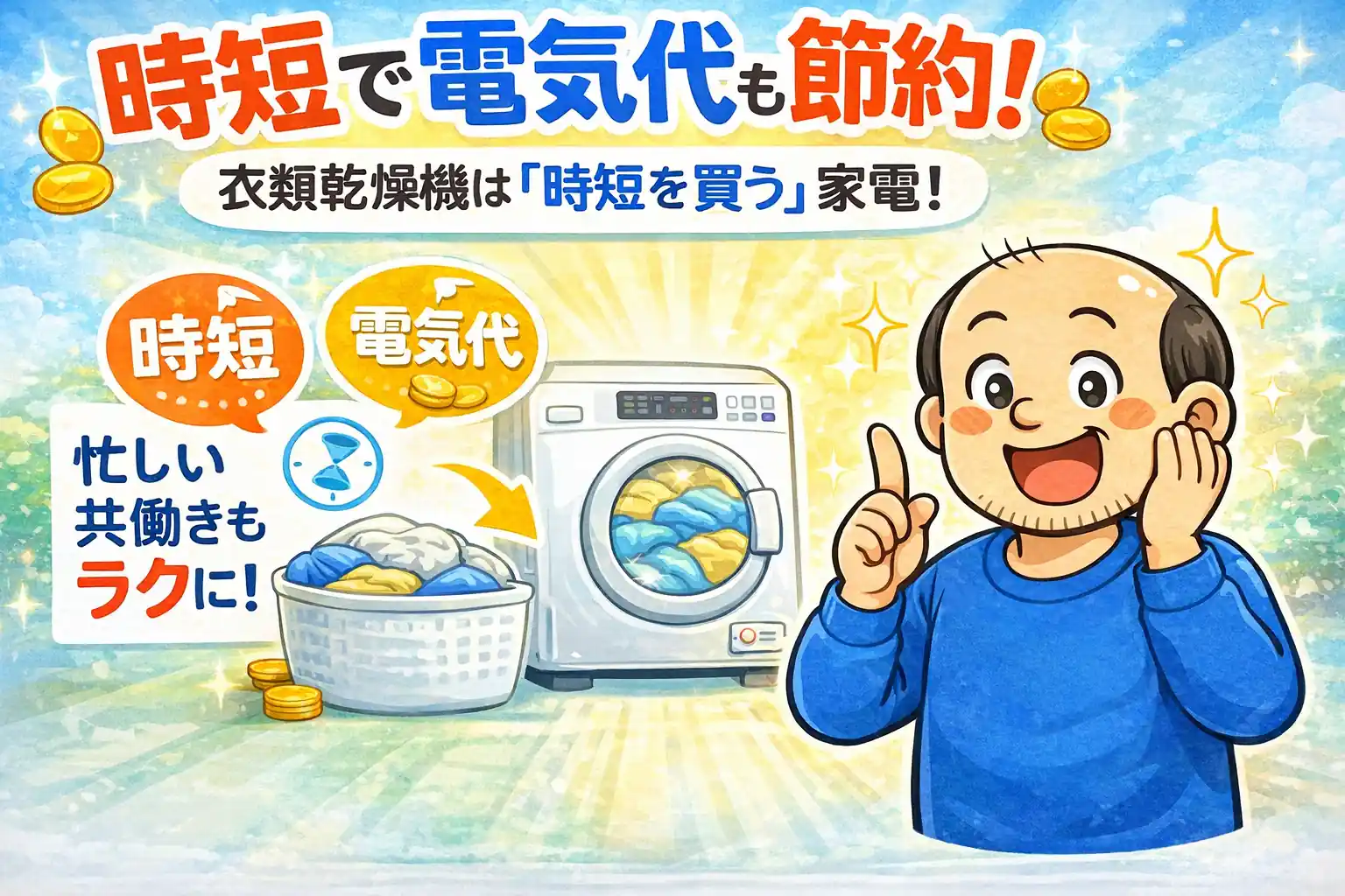 ゆるおじが衣類乾燥機で時短と電気代節約を解説しているイラスト