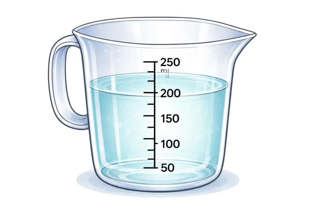 1カップ200mlの計量カップの目盛りと正しい測り方のイラスト