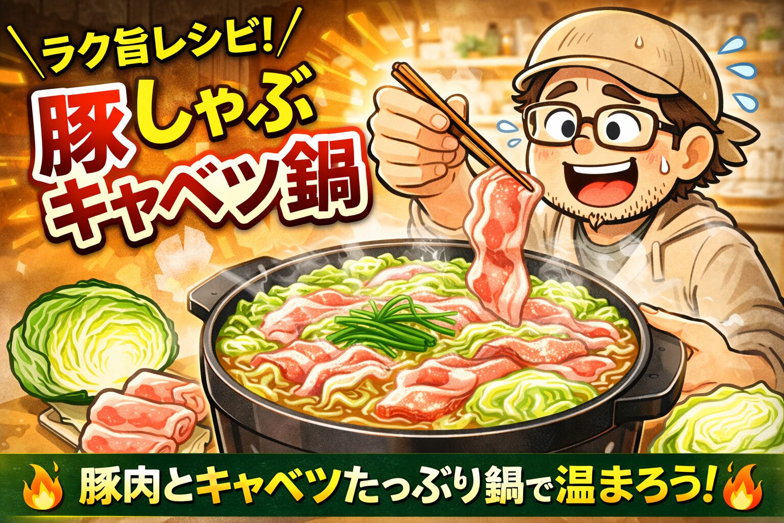 豚しゃぶとキャベツを鍋で煮て食べる豚しゃぶキャベツ鍋を作るゆるおじ