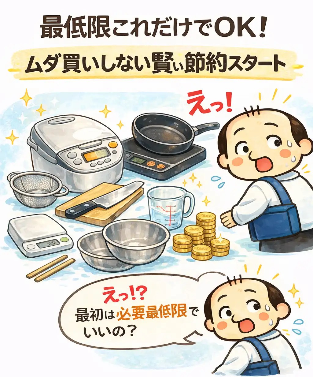 料理初心者が最低限の道具だけでOKと知って驚くゆるおじのイラスト（ムダ買いしない節約スタート）