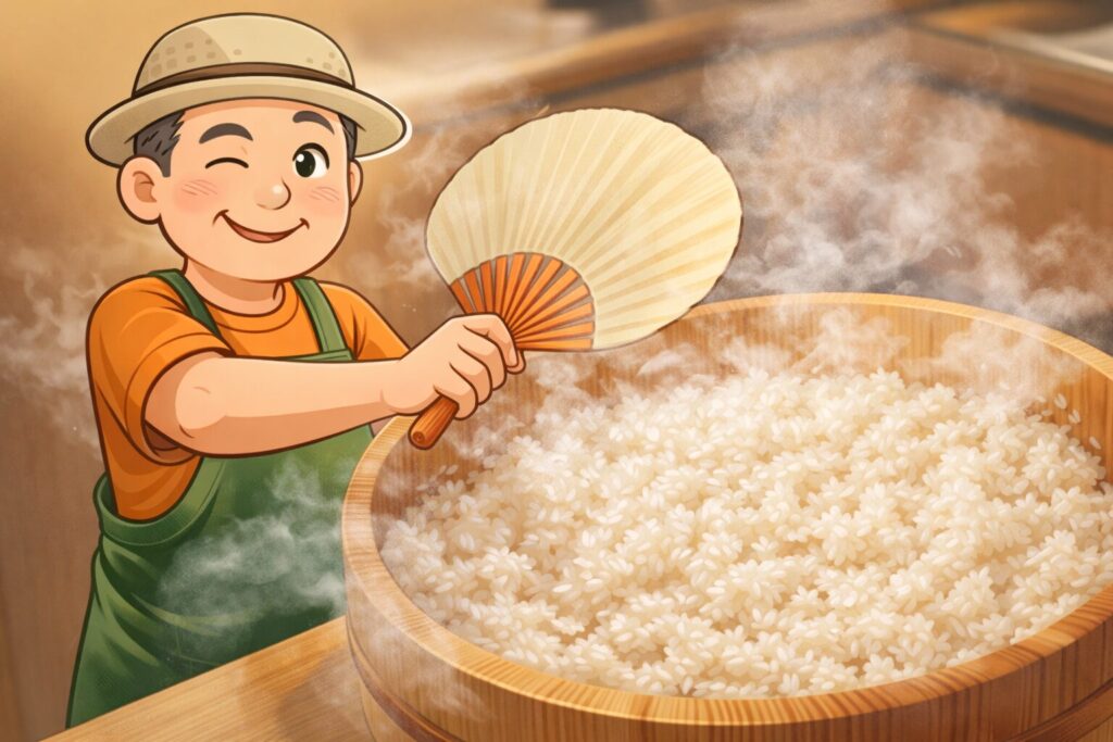 **alt（代替テキスト）**
ゆるおじが団扇で酢飯をあおいで冷ましているイラスト。木の飯台に入った酢飯を冷ましている様子。
