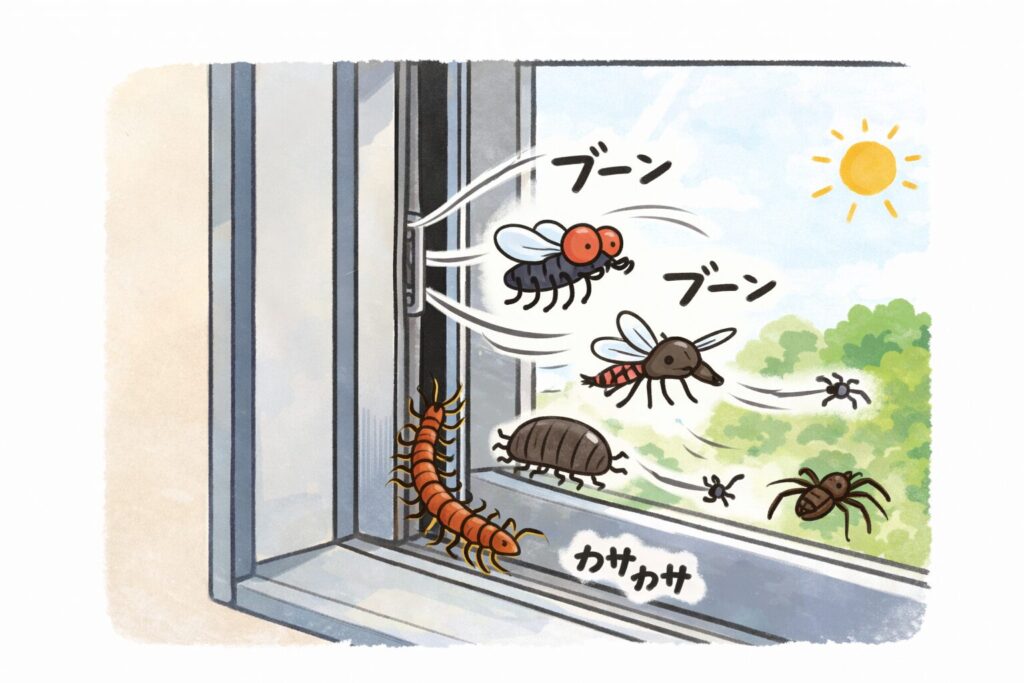 窓サッシの隙間からハエや蚊、ムカデなどの虫が室内に侵入してくる様子のイラスト