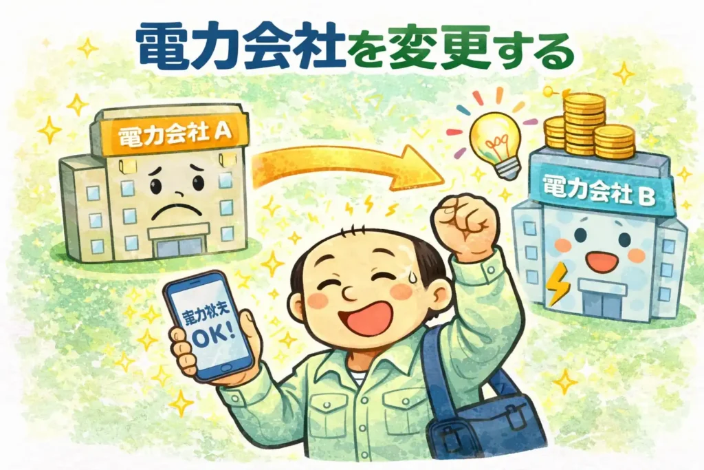 電力会社の見直しで安いプランに変更し電気代を下げるイラスト