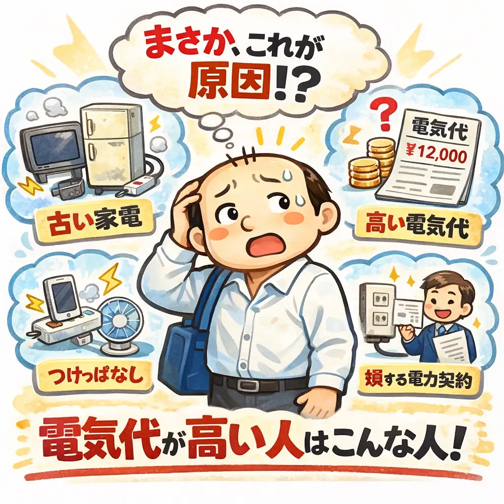 電気代が高い原因に悩むゆるおじと家電・契約の見直しポイントのイラスト