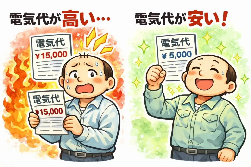 1人暮らしの電気代が高いケースと安いケースの比較イラスト