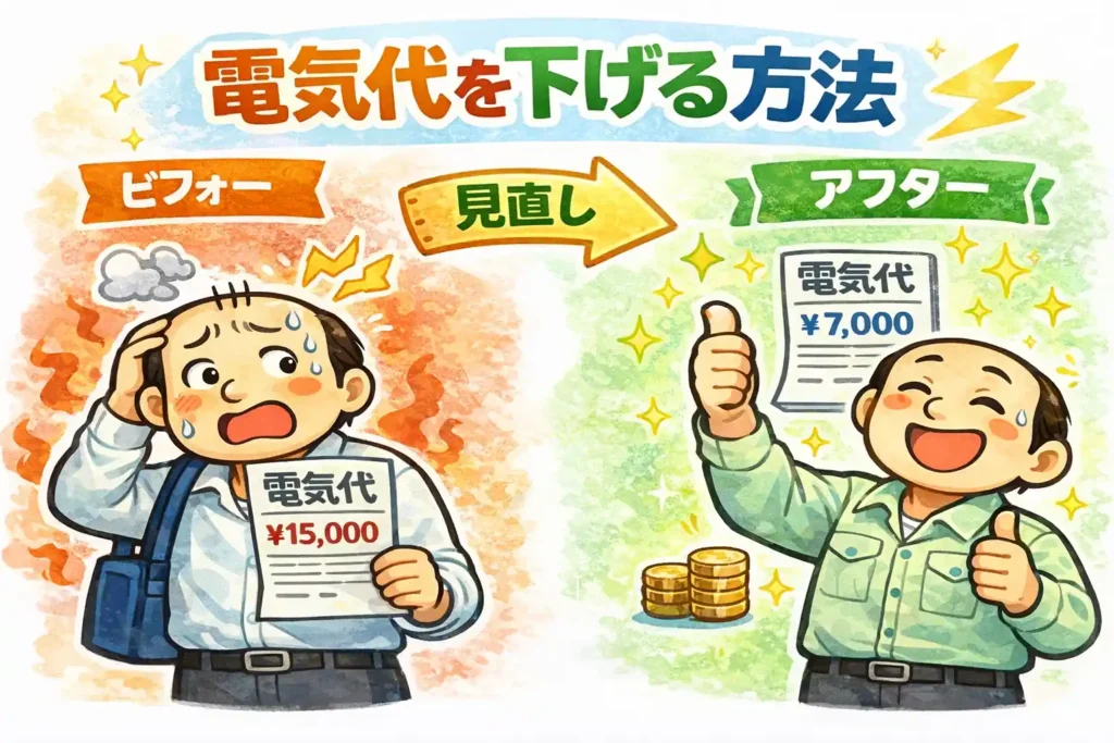 電力会社の見直しで電気代が15000円から7000円に下がった比較イラスト