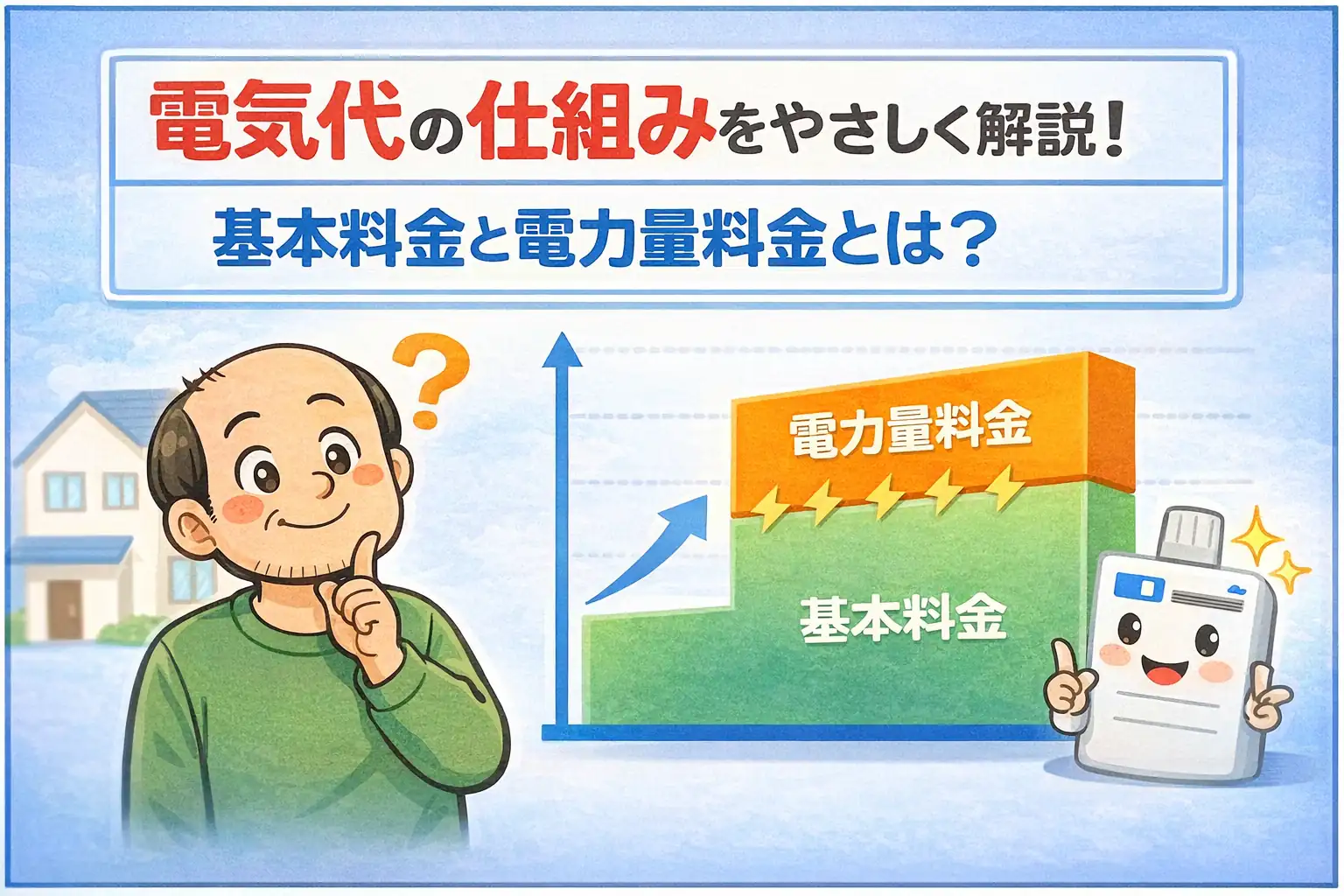ゆるおじが電気代の仕組み（基本料金と電力量料金）を解説しているイラスト