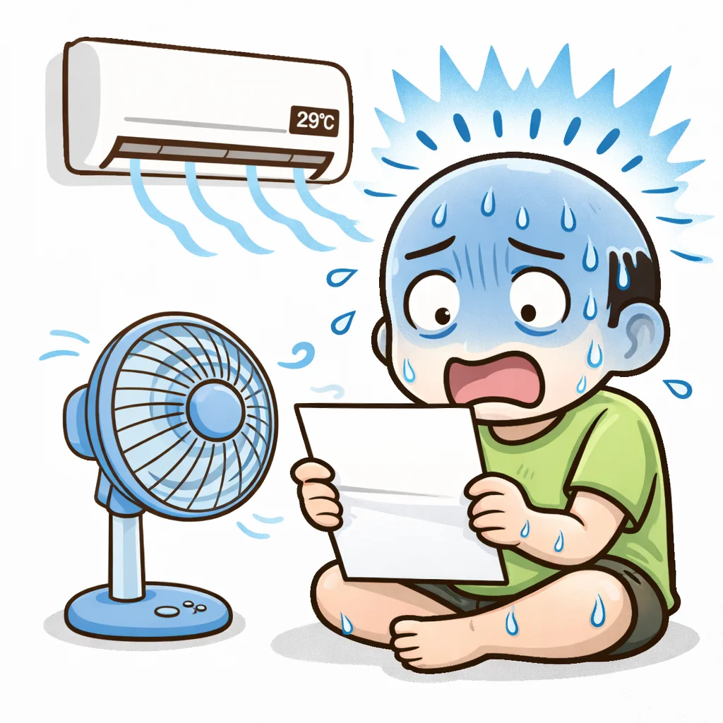 電気代が高くなり青ざめるゆるおじとエアコンと扇風機のイラスト|新電力比較の導入イメージ