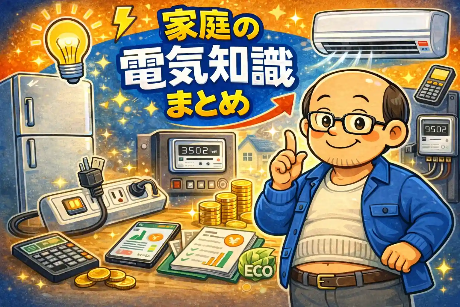 ゆるおじが電気知識を解説するイラスト｜家庭の電気代節約と基礎知識まとめ