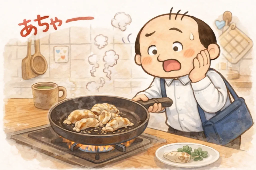 フライパンの温度が低く餃子がくっついてしまい困っているゆるおじのイラスト