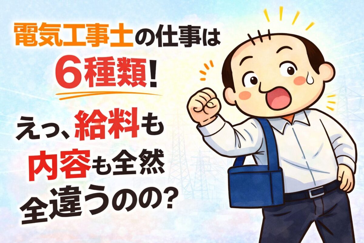 電気工事士の仕事は6種類あり給料や仕事内容が違うことを解説するゆるおじイラスト