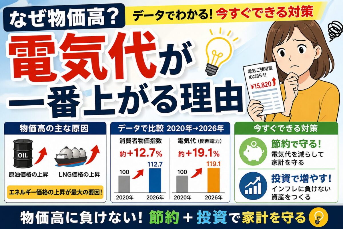 物価高と電気代上昇の原因と対策を解説した図解アイキャッチ