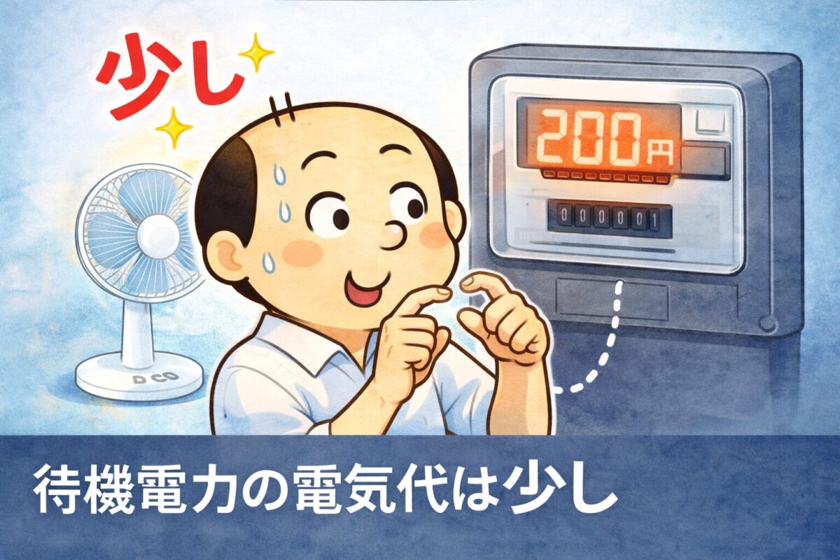 DC扇風機の待機電力は年間200円程度と少ないことを表現したゆるおじのイラスト
