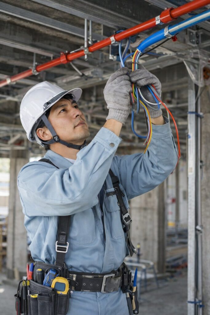 電気工事士が天井でケーブル配線を行う様子（配線工事・電線施工の作業風景）