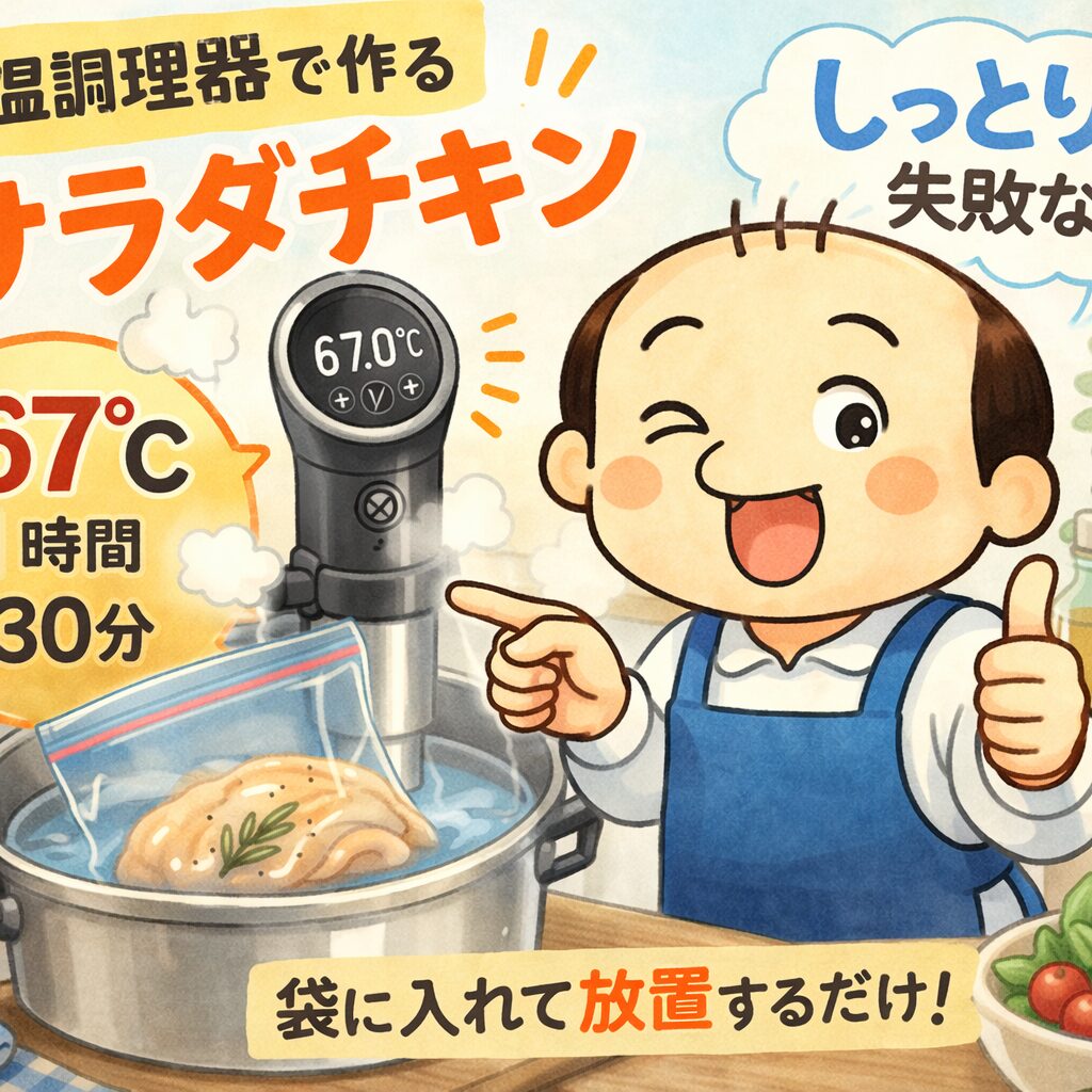 低温調理器でサラダチキンを作るゆるおじイラスト（67℃・1時間30分・しっとり失敗なし）