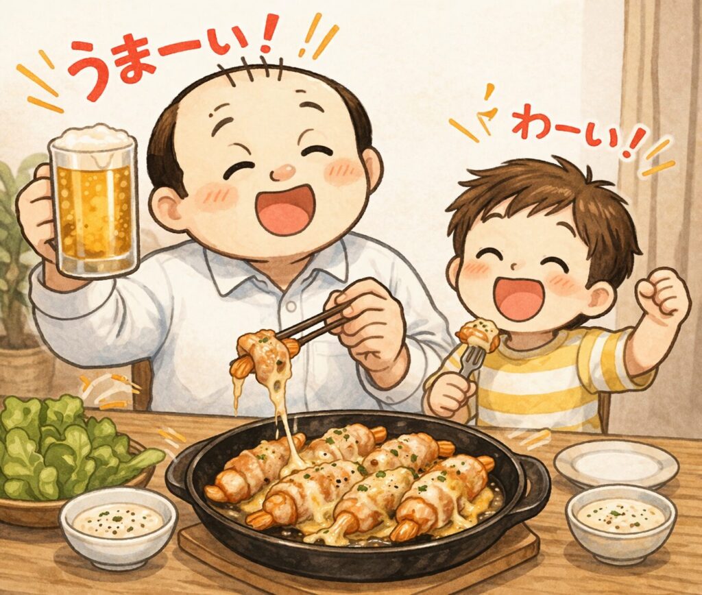 エビサムギョプサルを食べてビールを飲みながら「うまーい」と喜ぶゆるおじと子供のイラスト