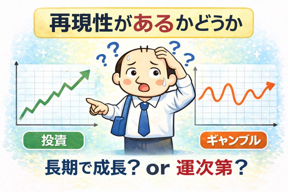 投資とギャンブルの違いを再現性の観点から比較した図