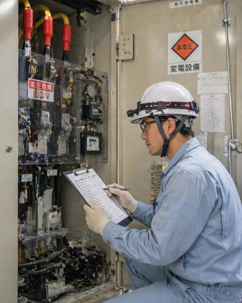 電気工事士が高圧受電設備を点検する様子（キュービクル設備・高圧機器の保守作業）