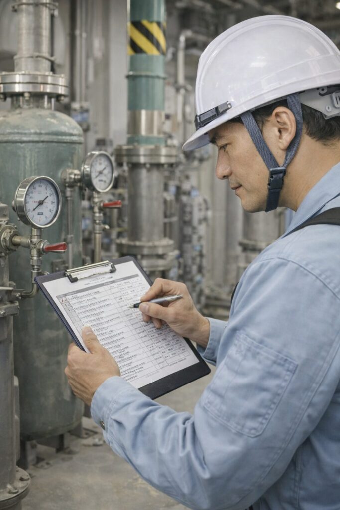 電気工事士が設備の点検・保守を行う様子（絶縁抵抗測定・漏電チェックなどのメンテナンス作業）